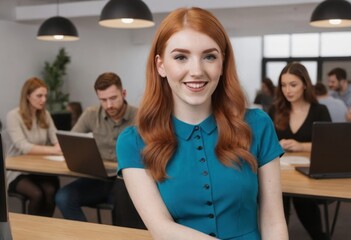 A smiling redhead woman confidently positioned in a collaborative workplace, embodying teamwork and approachability.