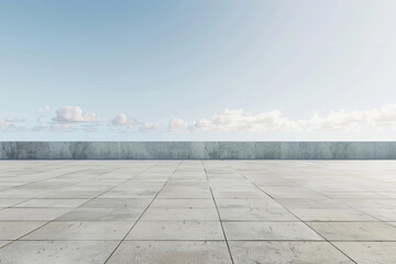 Empty concrete floor and gray wall. 3d rendering of sea view plaza with clear sky background.  - obrazy, fototapety, plakaty