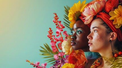 Naklejka premium Grupa kobiet stoi razem, mając kwiaty we włosach. Kwiaty sprawiają, że ich wygląd jest kolorowy i świeży. Idealne dla przedstawienia urody dla różnych kolorów skóry.