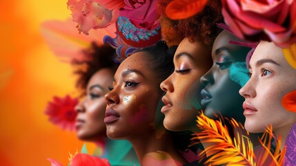 Grupa kobiet różnych ras i wieku stoi obok siebie na tle minimalistycznego krajobrazu. Wiosna, naturalne światło oświetla ich twarze, tworząc scenę pełną różnorodności. - obrazy, fototapety, plakaty
