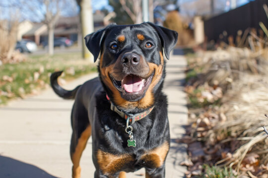 A happy Rottweiler dog stands on the sidewalk against the backdrop of a city street.