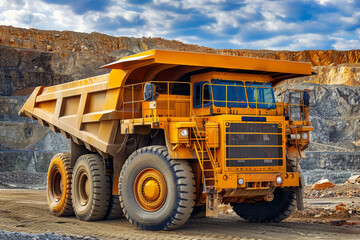 Fototapeta na wymiar A mining dump truck navigates through the quarry, its enormous tires gripping the rugged terrain as it transports heaps of earth and minerals.