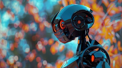 Robot w bliskim planie z błyszczącą obudową i pomarańczowymi oczami, ukazujący nowoczesne technologie i sztuczną inteligencję. - obrazy, fototapety, plakaty