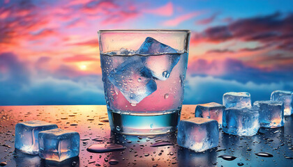 Glass of water with ice cubes and water droplets on surface. Refreshing drink. Pink and blue sunset