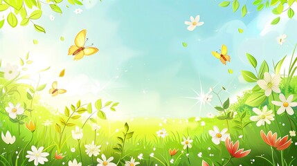 Pole z kwiatami i motylami fruwającymi na niebie w słoneczny, wiosenny dzień. Na środku miejsce na tekst. - obrazy, fototapety, plakaty