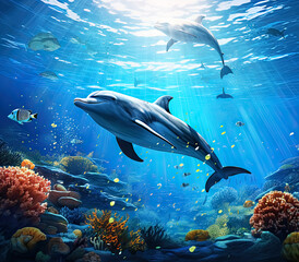 Obraz na płótnie Canvas Dolphin Swimming underwater in Ocean with Corals