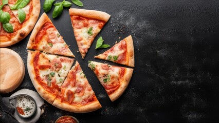 Pizza sliced on an abstract dark background with free space and sauce.