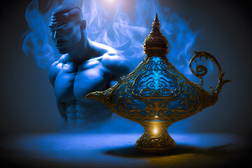 Lamp of wishes magic light blue smoke coming out of the bottle and a blue genie with the appearance of a male genie who grants three wishes.  - obrazy, fototapety, plakaty