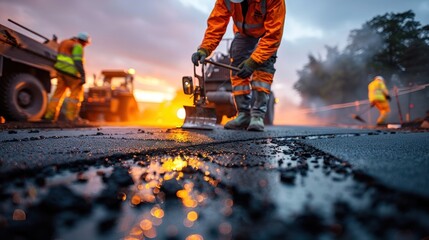 Freshly Laid Rubberized Asphalt Concrete Road Construction: A Sustainable Approach to Industrial Building