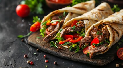 Delicious Greek gyros wrapped in pita bread. Shawarma, grilled pita on dark background. With fresh meat and vegetables. 