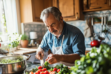 Senior Man Preparing Salad in Home Kitchen