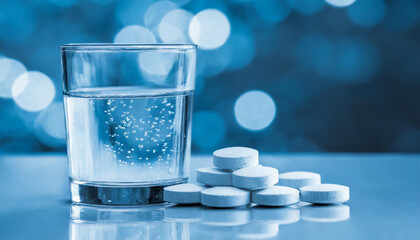 Close-up of glass of water and heap of round pills. Health care and medicine concept. Blue tones.