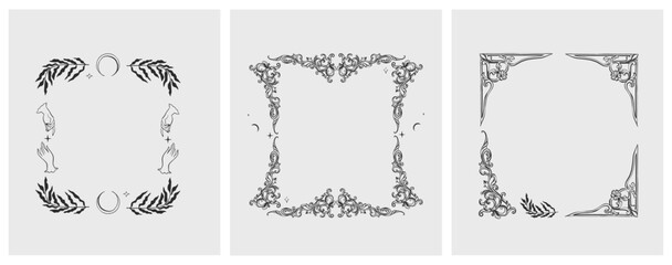 Hand drawn vector abstract outline,graphic,line vintage baroque ornament floral frame in calligraphic elegant modern style.Baroque floral vintage outline design concept.Vector antique frame isolated. - 758892665