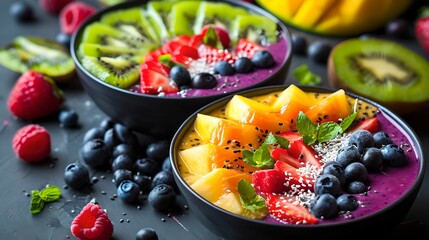 Colorful Fruit Smoothie Bowls, healthy, breakfast, nutrition, fresh