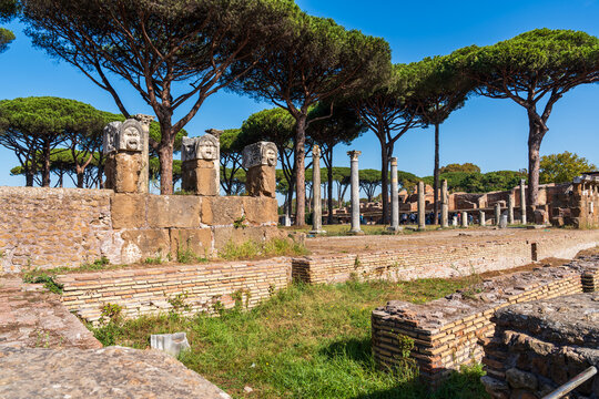 Ancient roman buildings at archaeological park in the italian city of Ostia