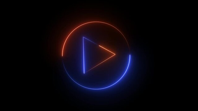 Neon glowing Play button animation on black background. Play button icon neon animation. Music play button icon animation.