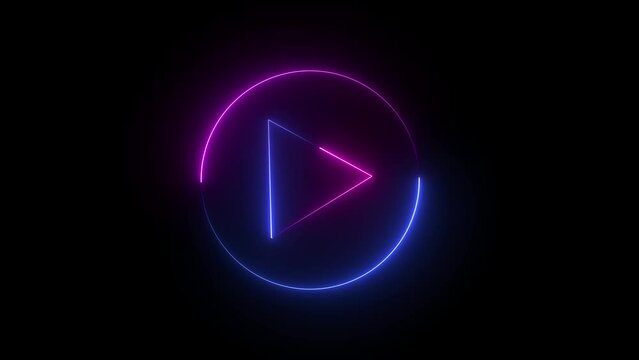 Neon glowing Play button animation on black background. Play button icon neon animation. Music play button icon animation.