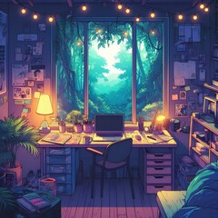 Lofi empty interior. Messy desk, window view of a forest, jungle. Anime, manga style.