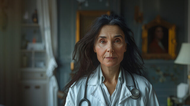 image of old czechoslovakian woman doctor with long dark brown hair, no glasses, stethoscope around her shoulders, background is inside doctor office 