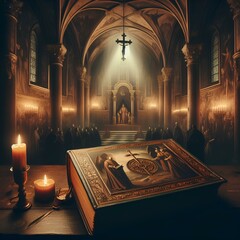 a book at the time of the holy inquisition with a mysterious setting inside a church night ambientation painting old style. - obrazy, fototapety, plakaty