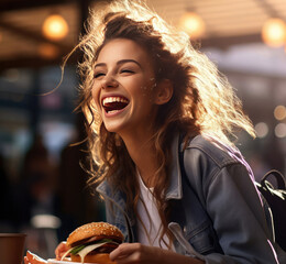 A girl with a hamburger in her hands laughs cheerfully in a street cafe