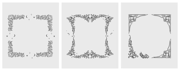 Hand drawn vector abstract outline,graphic,line vintage baroque ornament floral frame in calligraphic elegant modern style.Baroque floral vintage outline design concept.Vector antique frame isolated. - 758893663