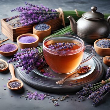 Fresh delicious tea with lavender and lavender flowers on gray stone table.