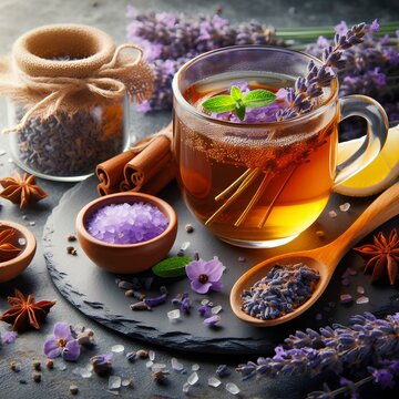 Fresh delicious tea with lavender and lavender flowers on gray stone table.