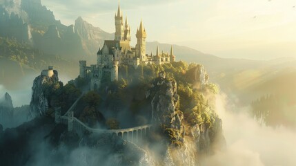 Fairy Tale Castle on a misty cliff sunrise illuminating spires - obrazy, fototapety, plakaty