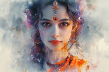 Hindu goddess Parvati. Also known: Gauri, Kali, Durga, Bhavani. The wife of Lord Shiva, a manifestation of his creative and feminine energy. Watercolor style - obrazy, fototapety, plakaty