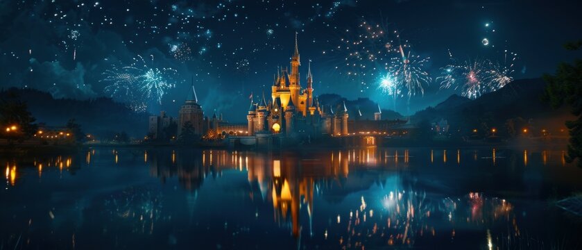 Fairy Tale Castle reflected in a crystal lake starry night