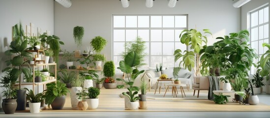 Modern interior with assorted potted plants.