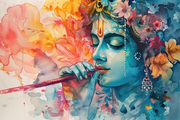 The Hindu Lord Krishna plays the flute, closing his eyes in bliss. Portrait in watercolor style, decorated with traditional flowers - obrazy, fototapety, plakaty