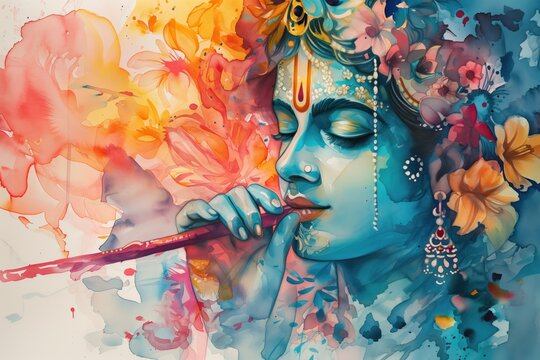 The Hindu Lord Krishna plays the flute, closing his eyes in bliss. Portrait in watercolor style, decorated with traditional flowers