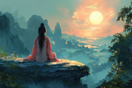 An Asian girl in a traditional kimano sits in a meditation position on a mountain top, greeting the rising sun. The sun's rays are reflected on the surface of rocks and mountain trees