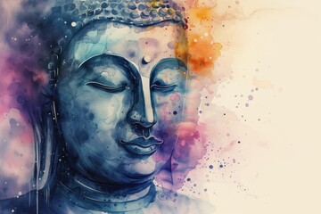 The Buddha closed his eyes, remaining in a state of samadhi with characteristic bliss on his face. Portrait in watercolor style with place for text