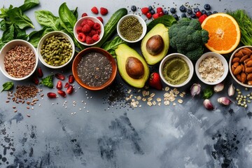 Healthy food and vegetable on gray concrete background