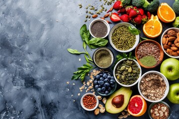 Healthy food and vegetable on gray concrete background