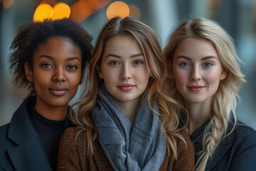 Fototapeta premium Three young business women of different races: blonde, brown-haired and brunette. Аre dressed in a business casual manner, looking straight and posing in a friendly manner. Business women concept
