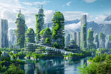 Beautiful eco-friendly city with blue and green man made skyscrapers and buildings modern futuristic city green Garden urban area 3D illustration design - obrazy, fototapety, plakaty