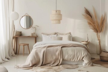 Simplified bedroom interior with bed, desk and mirror on white wall - obrazy, fototapety, plakaty