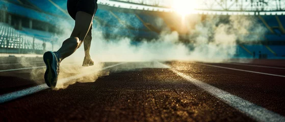 Foto auf Acrylglas Close up of running sportsman, athlete in motion. Professional marathon runner on stadium road track. Sport concept. Jogging. Generative ai © Inai
