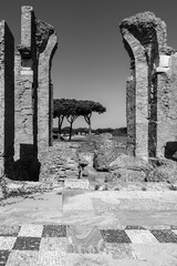 Black and white photo of ruins of medieval castle gate in Ancient Ostia