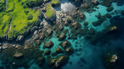 Aerial View of a Serene Coastal Landscape, Revealing the Tranquil Beauty of Lush Fields, Rugged Cliffs, and Crystal Clear Waters - Powered by Adobe