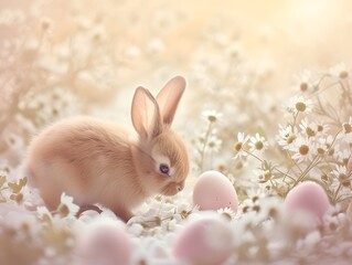 A little rabbit with pink eggs in a chamomile field - Powered by Adobe