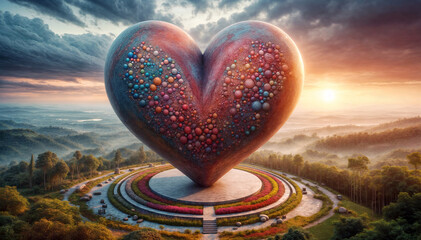 A massive heart-shaped sculpture stands proudly atop a hill, overlooking the surrounding landscape - obrazy, fototapety, plakaty