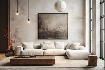 Loft interior design of modern living room, home. Corner sofa against concrete wall with poster frame.