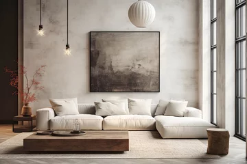 Foto op Plexiglas Loft interior design of modern living room, home. Corner sofa against concrete wall with poster frame. © Vadim Andrushchenko