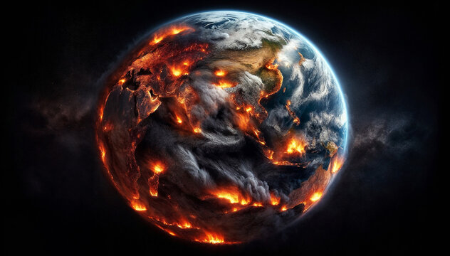 The earth depicted in flames and billowing smoke, representing a catastrophic event