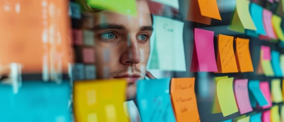 Male programmer looking at adhesive notes posted on the window of his start-up office in a thoughtful manner